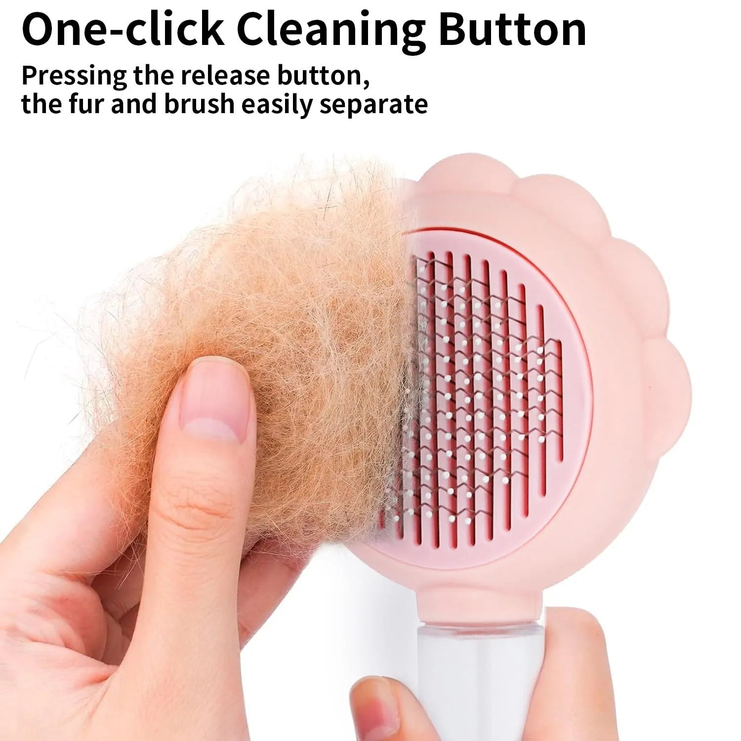 Spray cat brush with grey handle, curved metal pins, and release button for pet grooming and hair removal