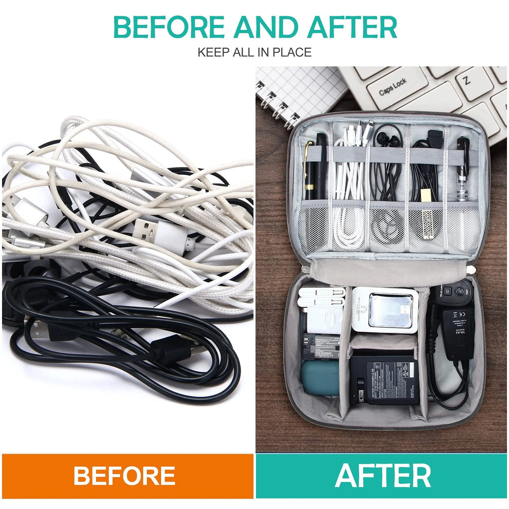 Black electronics organiser bag with mesh pockets and removable dividers for cable storage