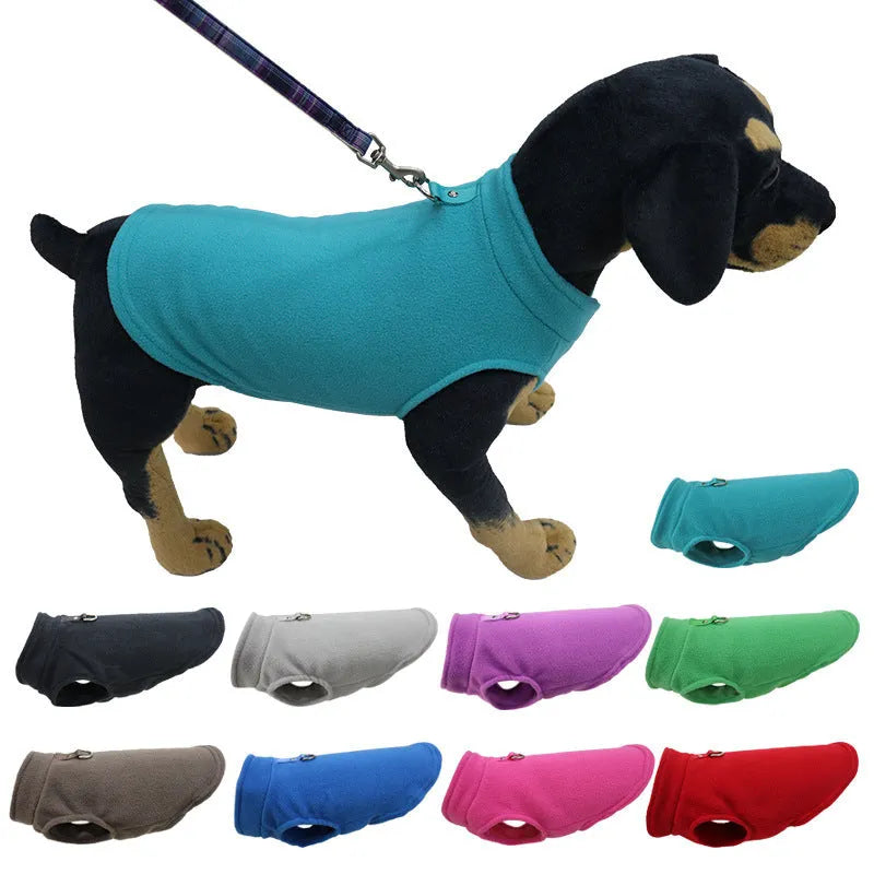 Solid colour polar fleece dog waistcoat in red, black, blue, grey, green, purple, pink, brown options