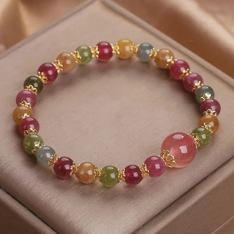 Colourful tourmaline strawberry quartz women's bracelet with 6mm round beads