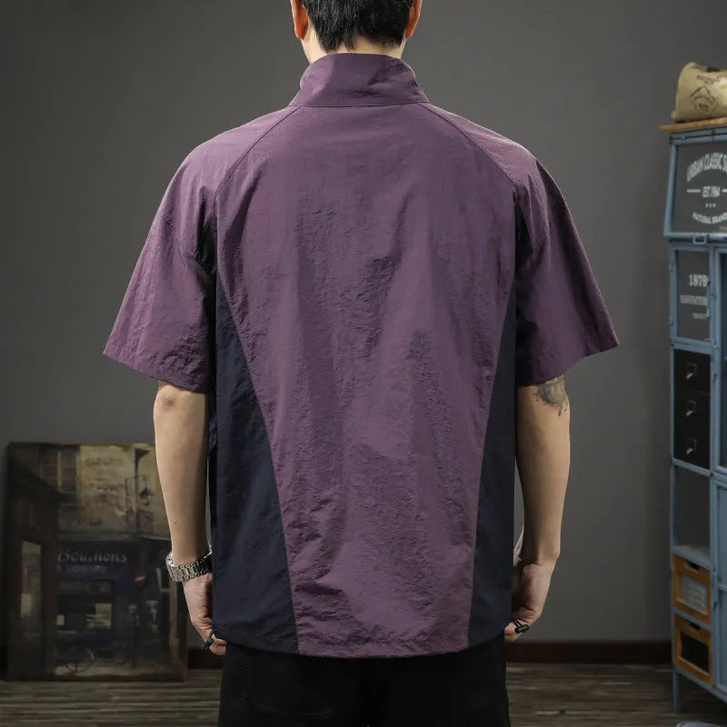 Men's business shirt casual T-shirt in brown or purple with half-zipped stand collar and short sleeves for summer.