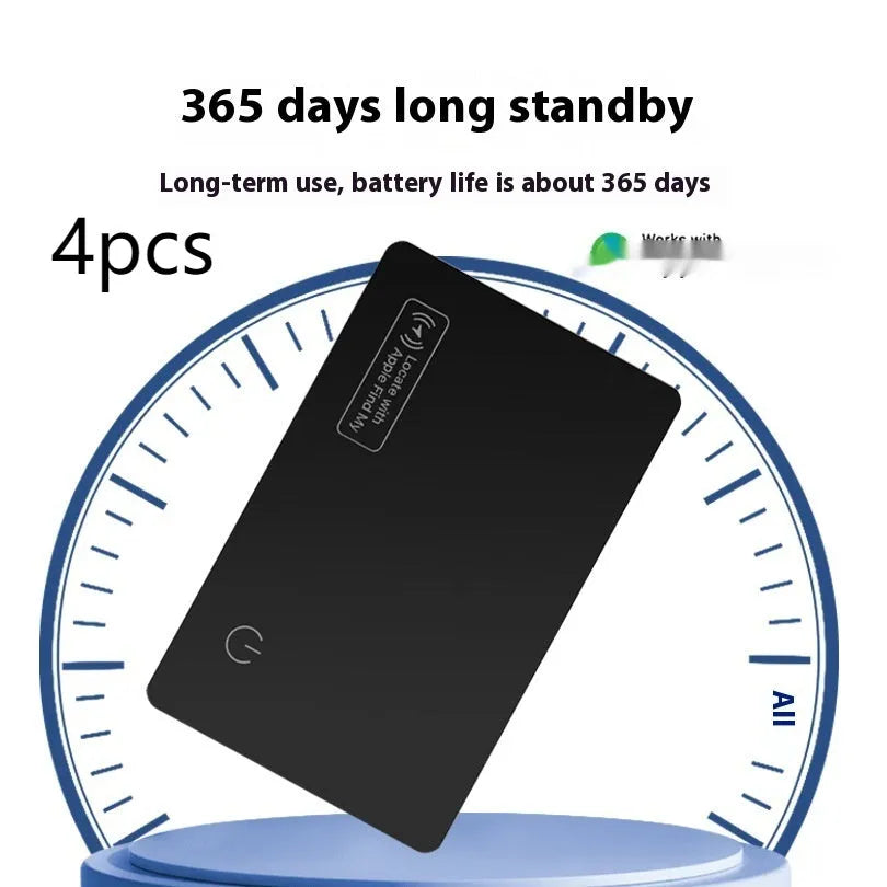 Black ultra-thin anti-loss alarm card for Apple devices on a table.