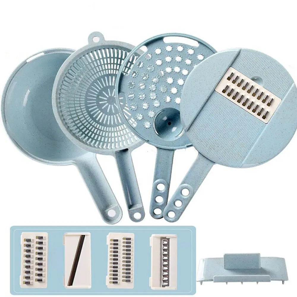 Blue hand-held mandoline slicer with stainless steel blades and plastic container for vegetable preparation