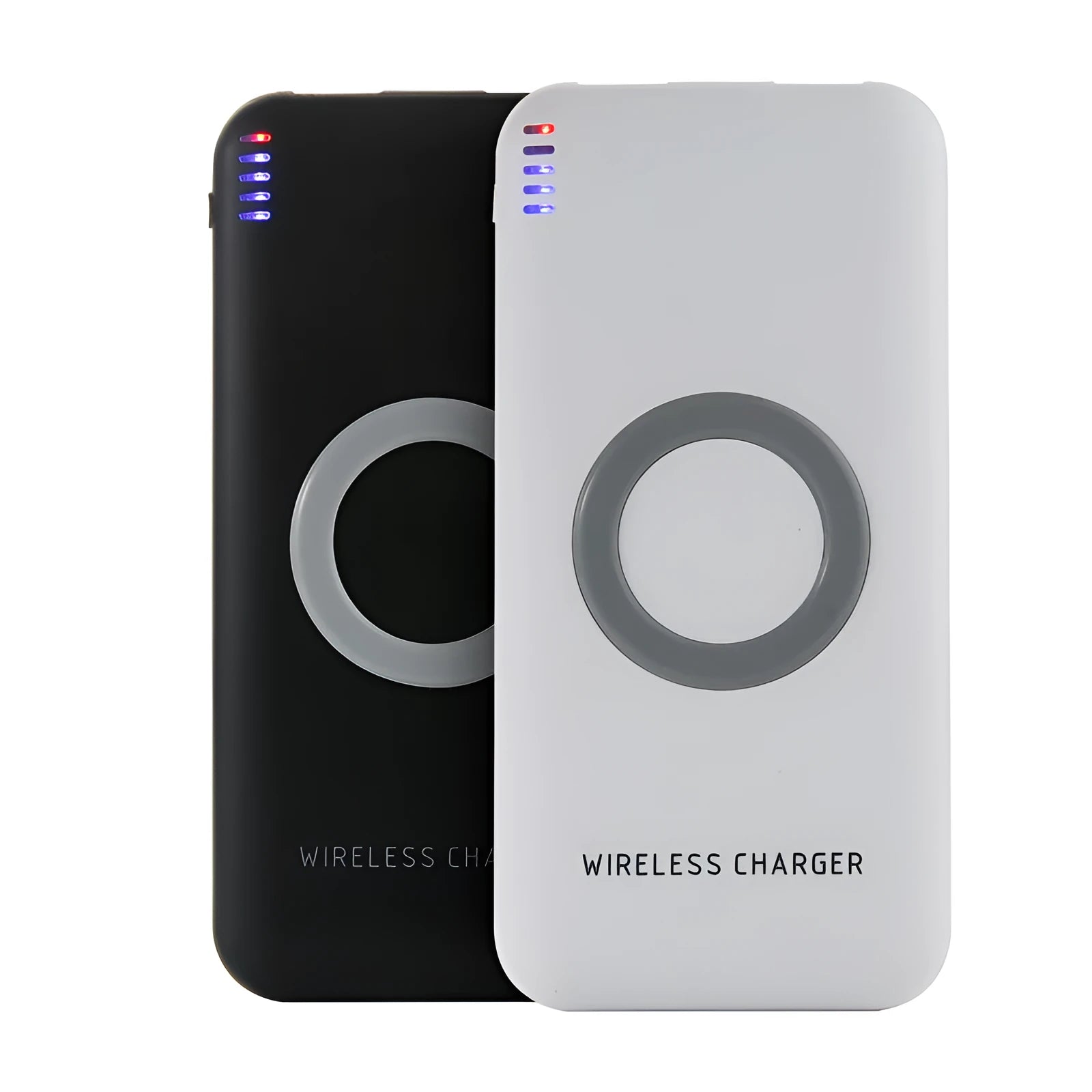 Black B100 wireless charging power bank on a wooden surface, showing USB port and charging indicator.