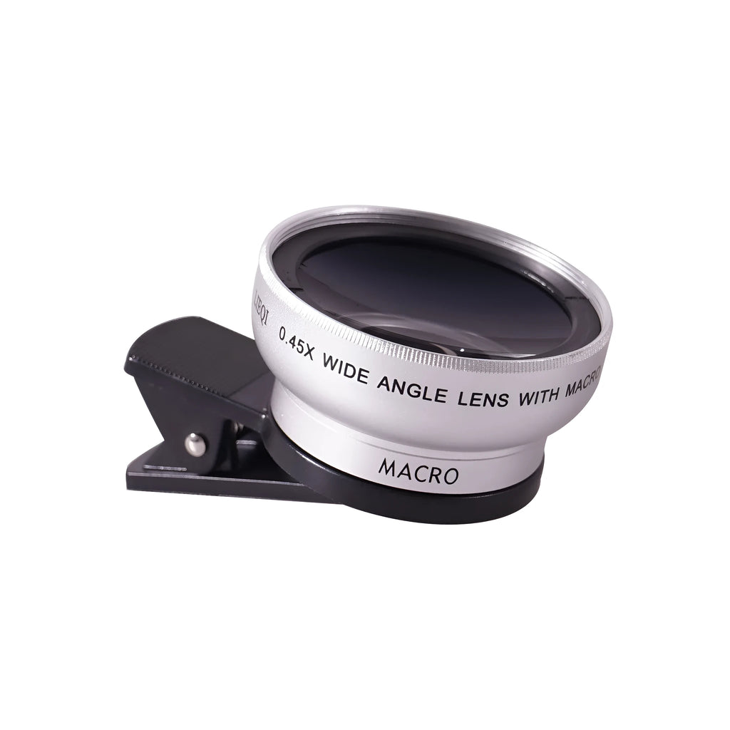 LIEQI 0.45X wide-angle macro mobile phone camera lens in black, gold, rose gold, and silver colours
