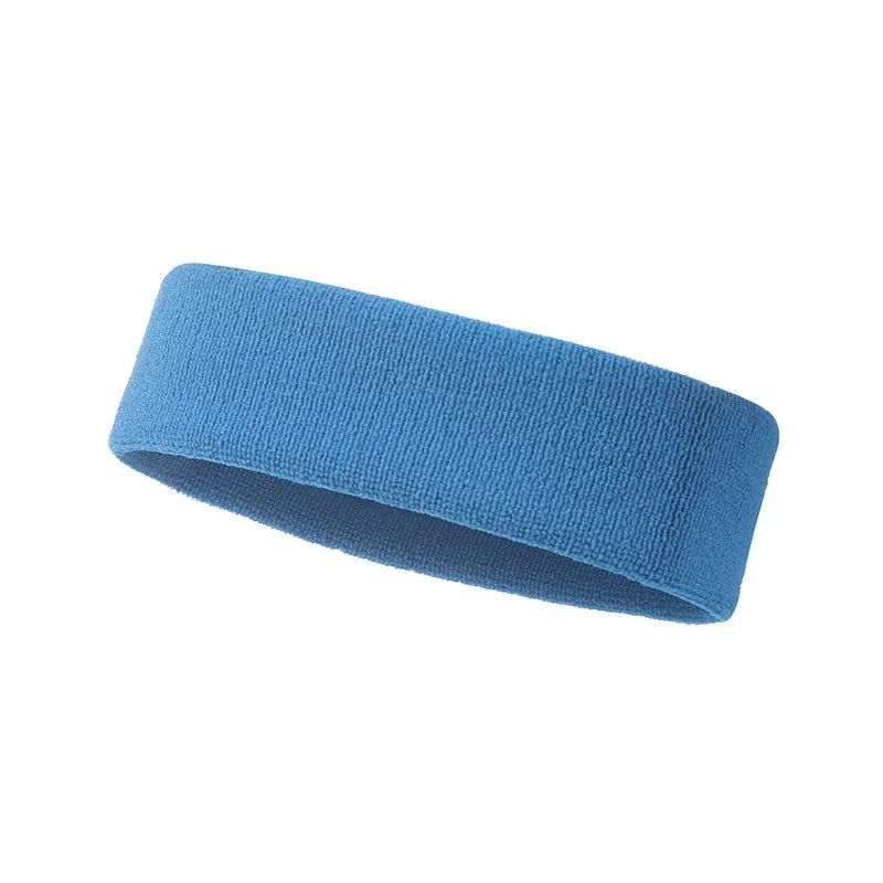 Widening elastic sports sweatband in solid colours: black, red, blue, rose red, sky blue.