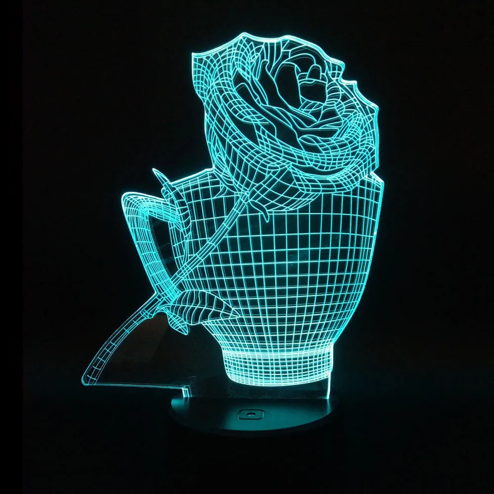 3D rose flower night light with acrylic board, ABS base, and remote control, showing seven colour options