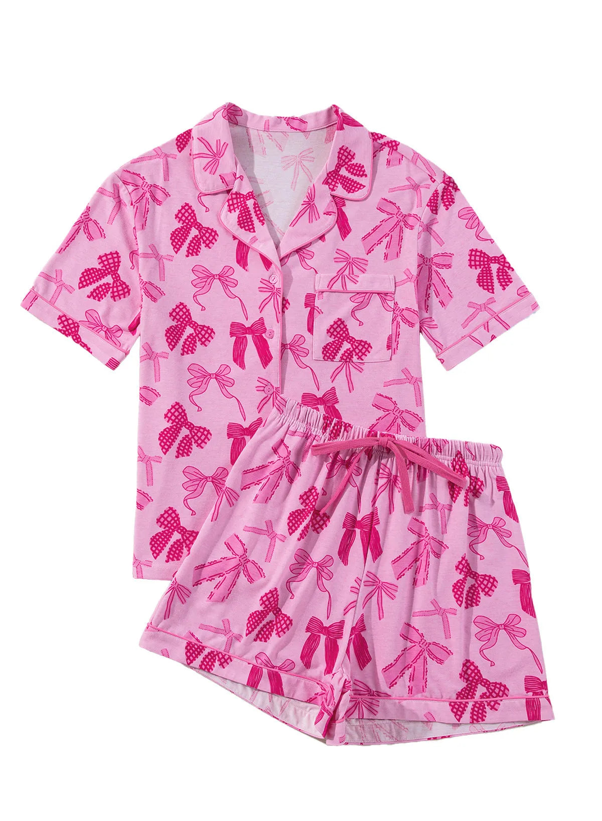 Pink bow print pajama two-piece set with top and trousers, lightweight polyester fabric for sleep and home use