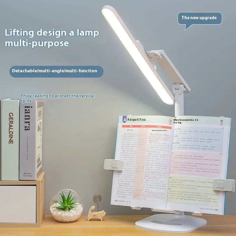 Multifunctional table lamp with adjustable colour temperature and integrated bookshelf on a desk.