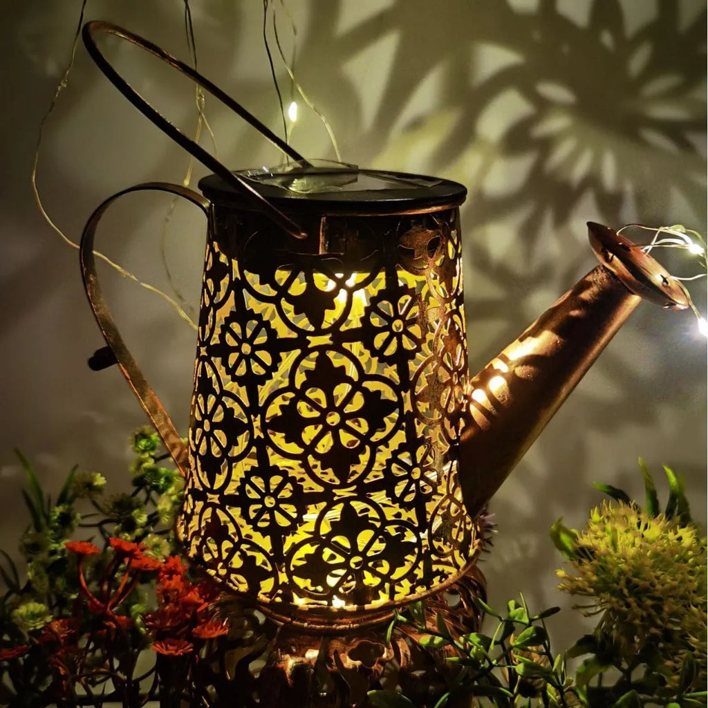 Butterfly decorative solar kettle light with wrought iron construction for outdoor courtyard lighting