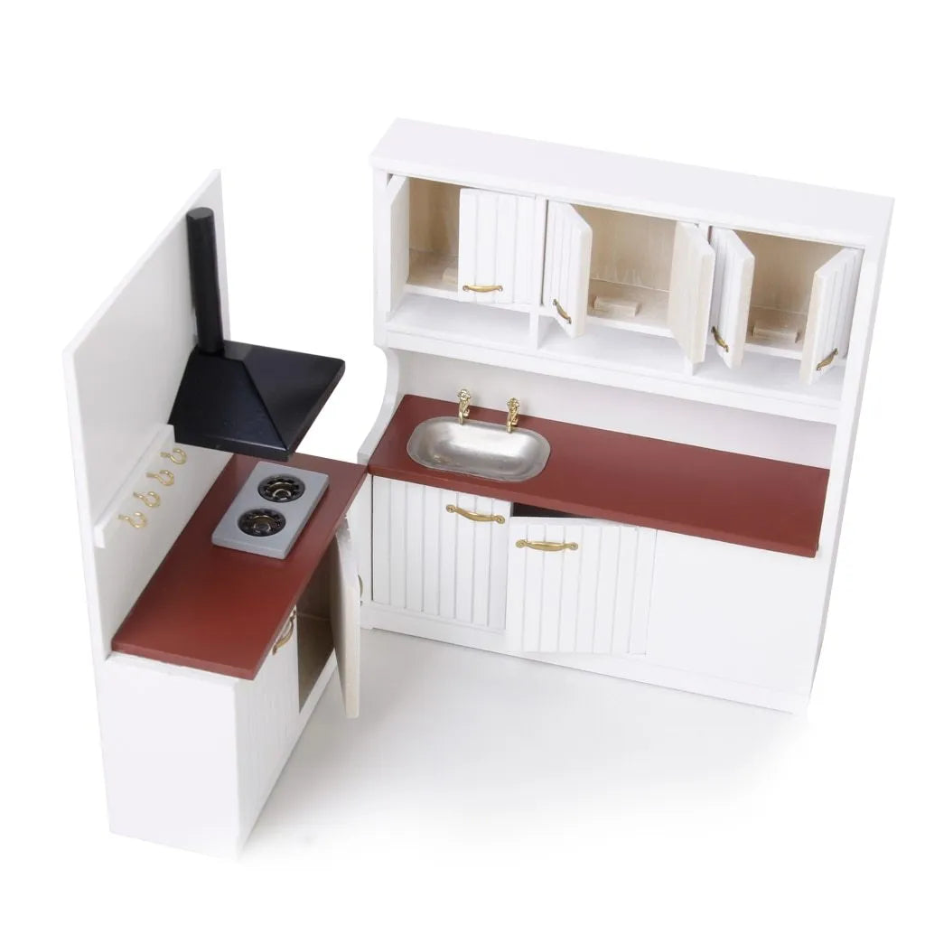 White birch dollhouse kitchen cabinets with working doors and metal handles, sink and stove cabinet set