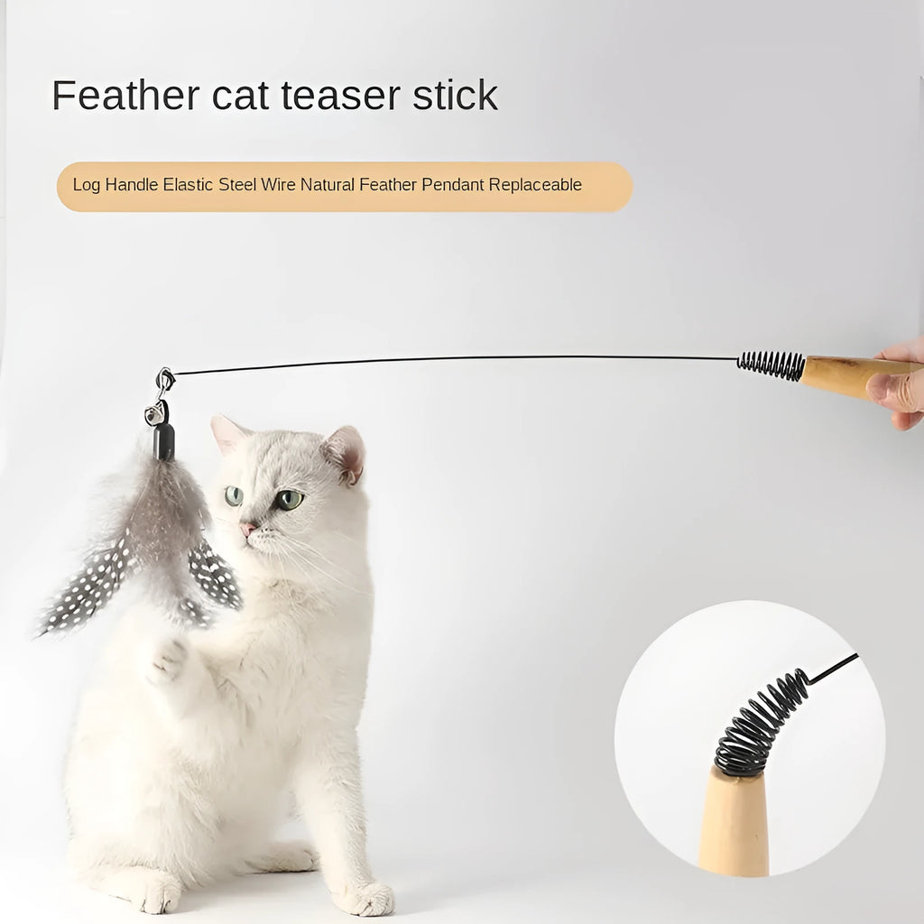 Cat teasing stick with wooden handle, flexible metal spring, and feather bell replacement head