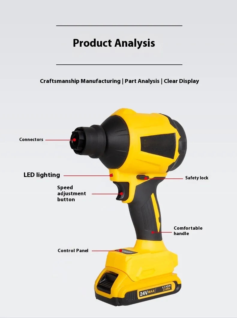 Yellow cordless dust gun with 680W power for office cleaning, showing blower nozzle and lithium battery operation