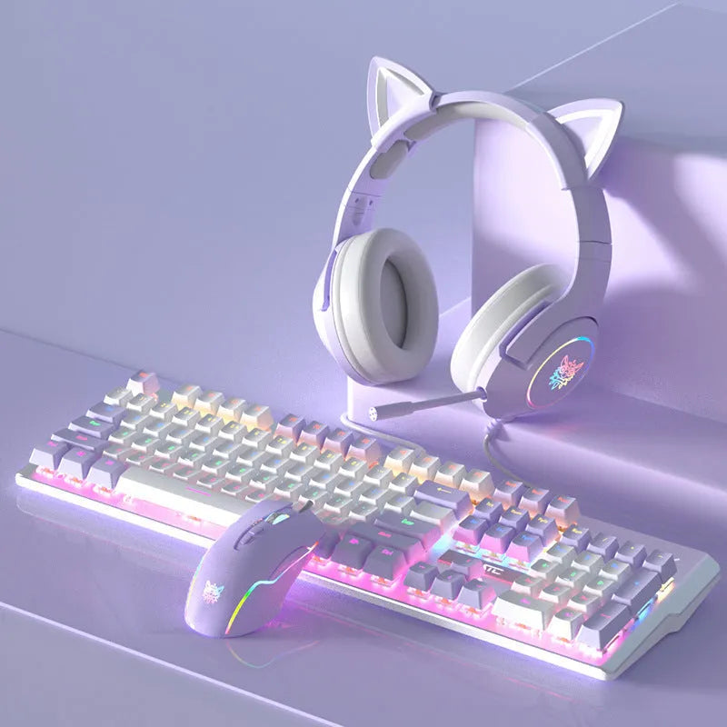 Purple and white mechanical keyboard and mouse wired set with RGB backlight illumination