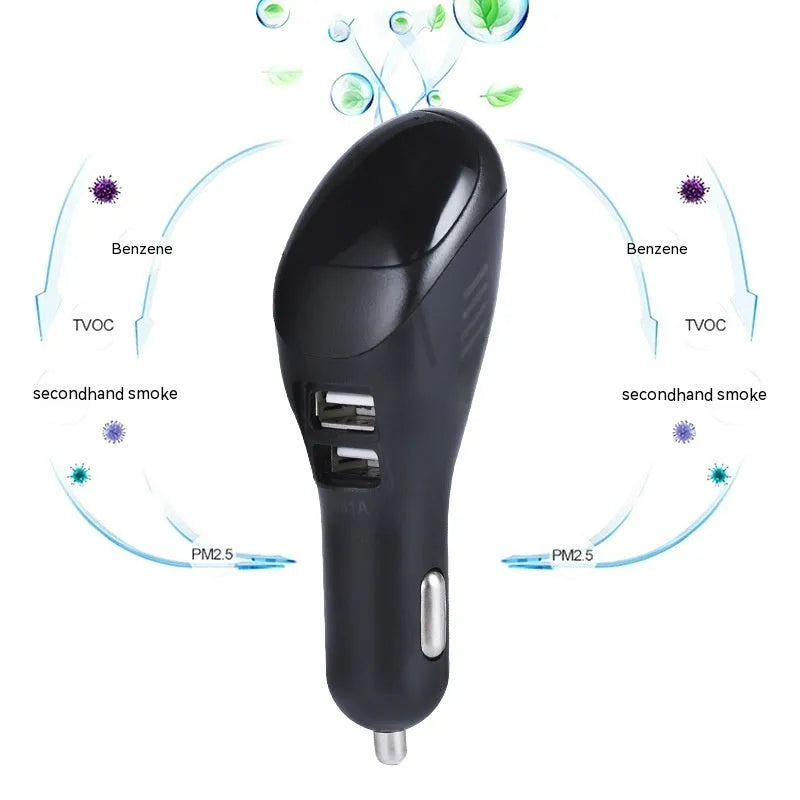 White car USB charger and negative ion air purifier unit with compact design.