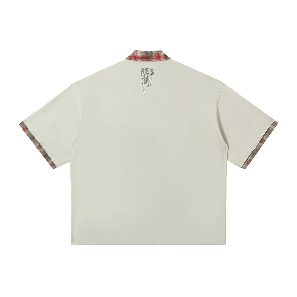 Men's loose short-sleeved top with asymmetric lapel and graffiti printing in 100% cotton fabric