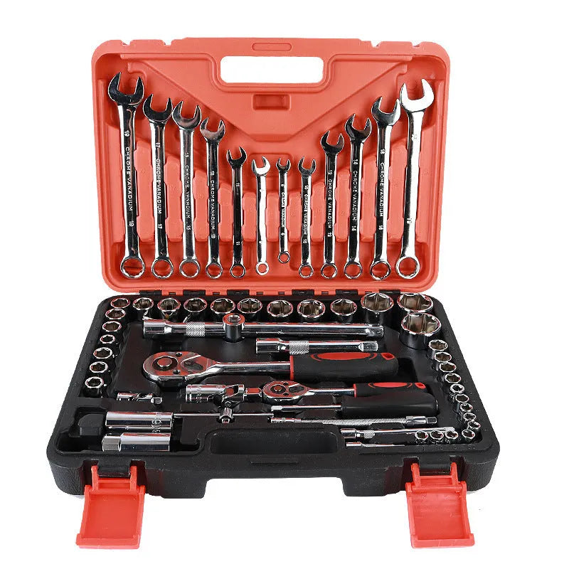 61-piece auto repair socket set with chrome vanadium steel tools including sockets, wrenches, and extension rods