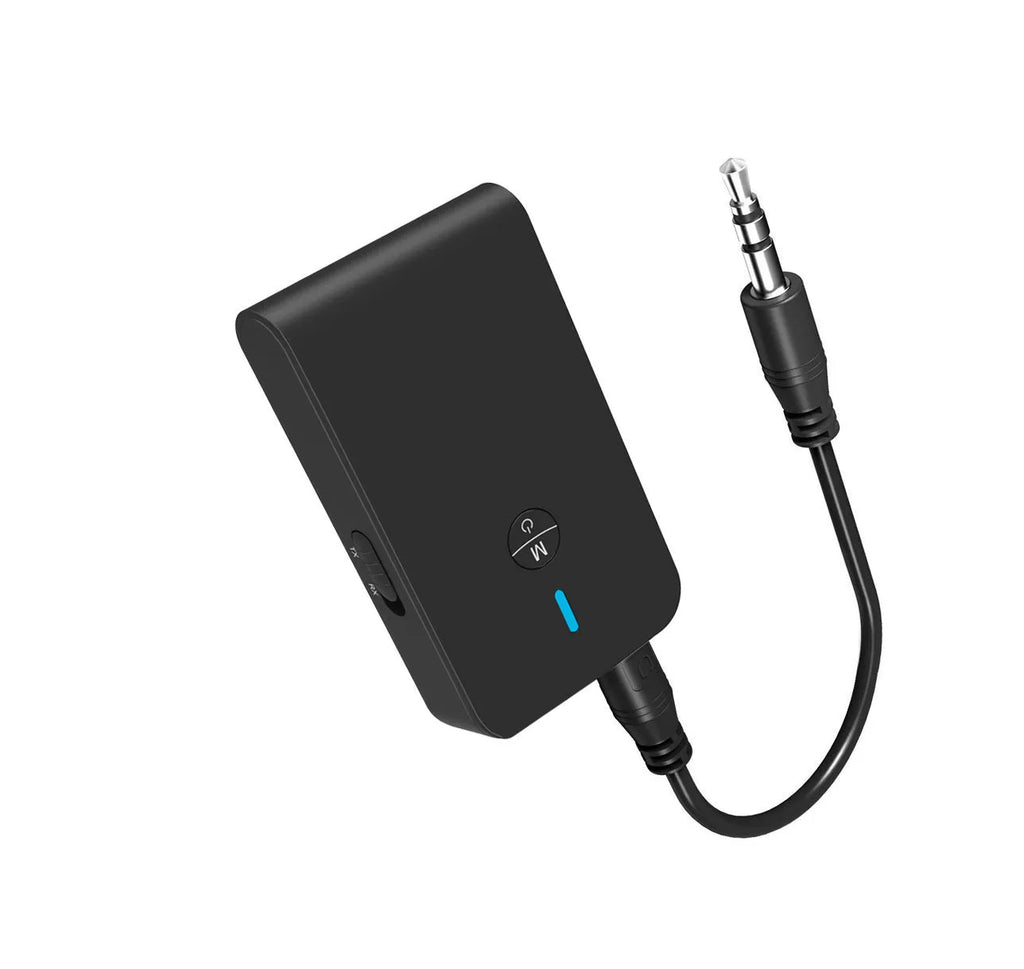 Black Bluetooth audio adapter with 3.5mm AUX connector and external power supply