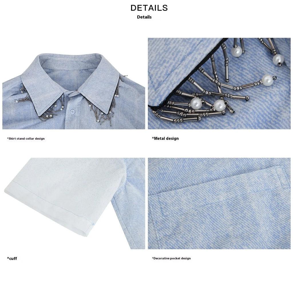 Men's blue and white gradient short sleeve shirt with quilted texture and loose fit design