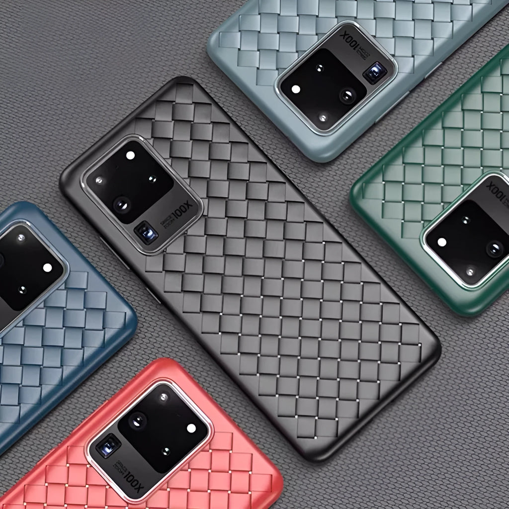 Simple woven TPU phone case for Samsung Galaxy in black, blue, green, grey, or red.