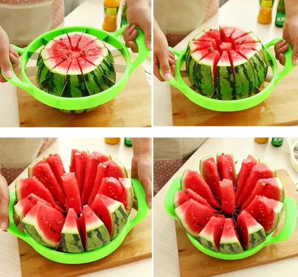 Green plastic and stainless steel melon slicer tool on a kitchen counter.