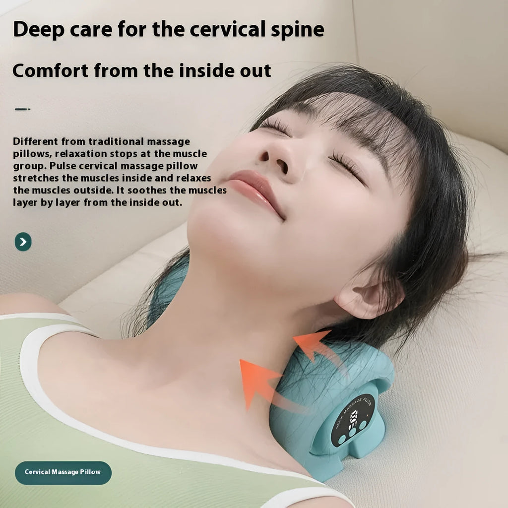 Blue-green portable EMS hot compress massage pillow for cervical spine and shoulders