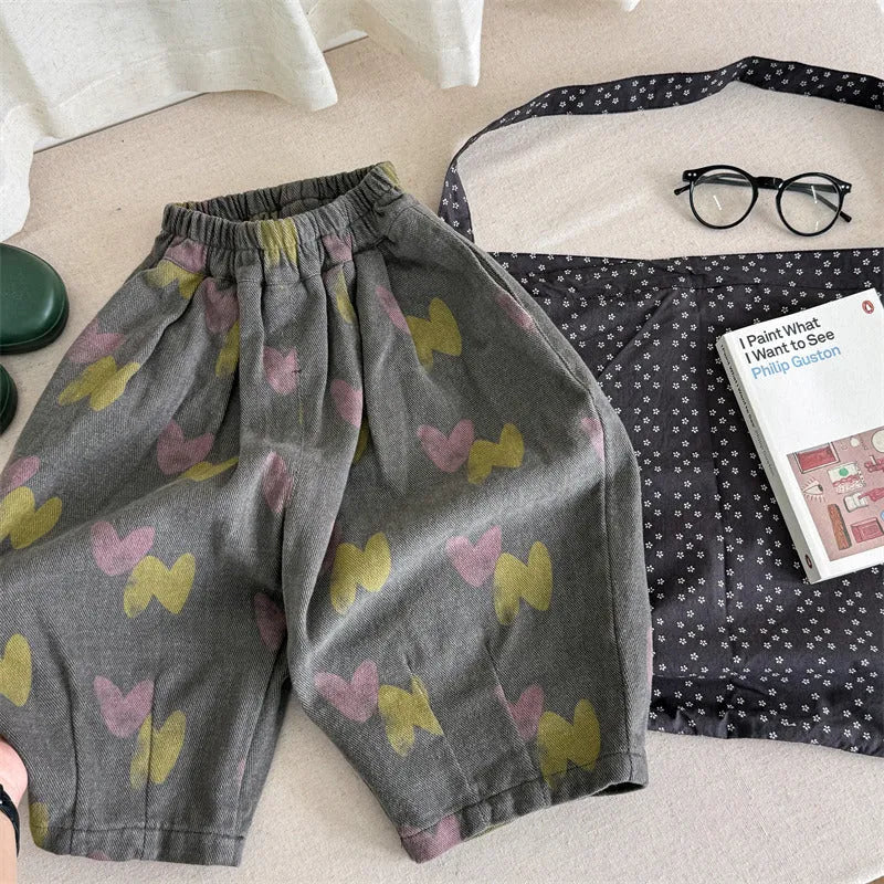 Pure cotton children's casual pants in grey or brown with high waist and hair band belt, sizes 80cm to 130cm