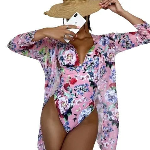 Women's floral tight bikini three-piece suit in green with coat for swimming sports, sizes S M L