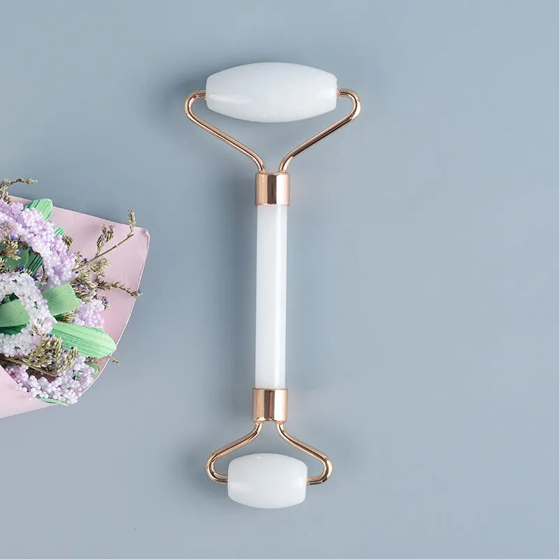 White jade roller and scraping board set for facial massage with double-headed design