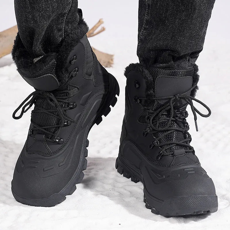 Black high-top men's boots with fleece lining, TPR ribbed sole, and lace-up front in size 42