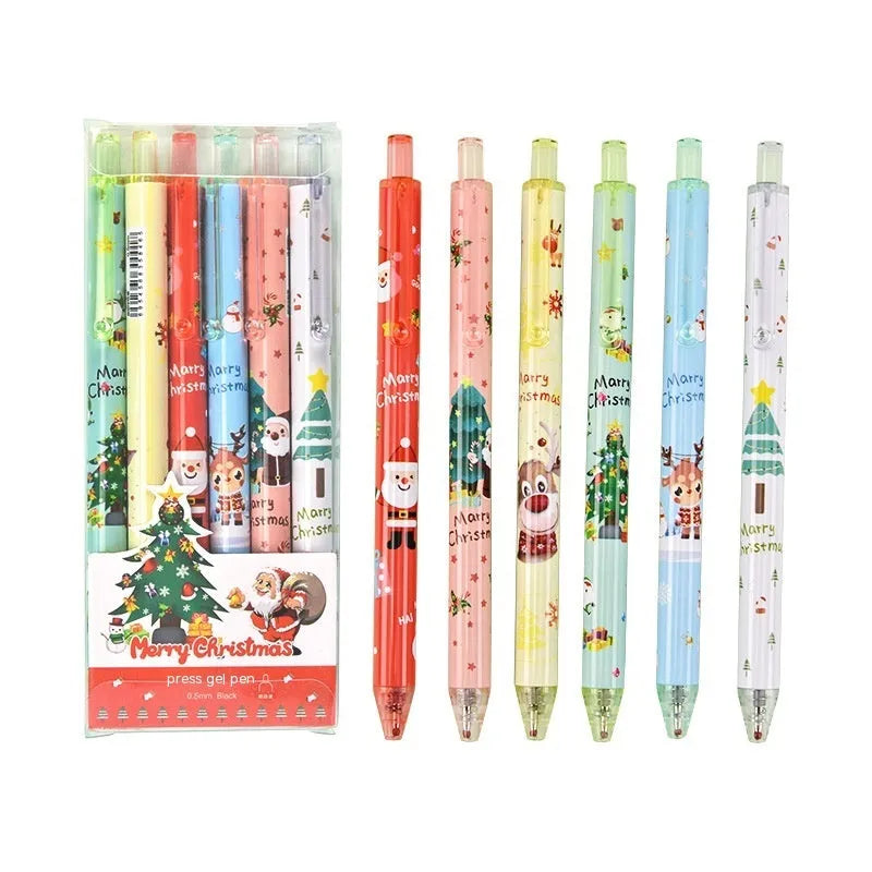 Christmas cartoon design gel pen set with six black ballpoint pens in plastic case