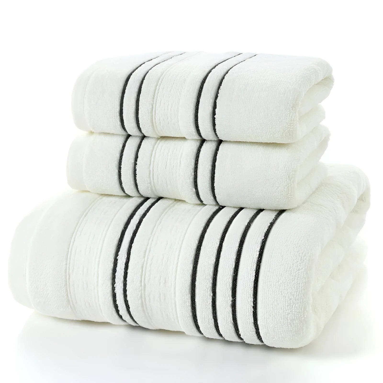 A set of one large bath towel and two smaller hand towels in a neutral colour, made from 100% cotton.