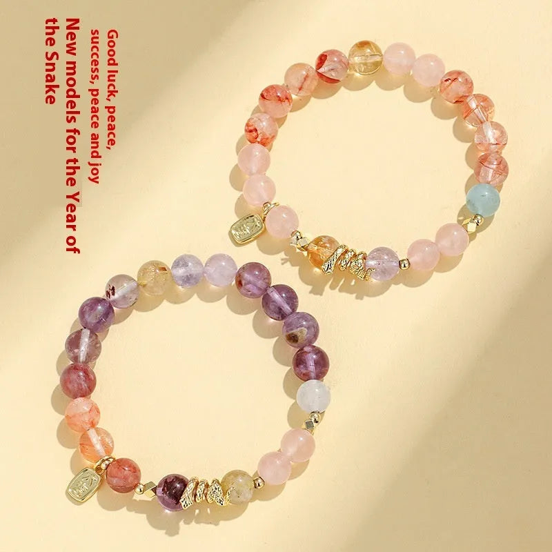 Women's Fu snake lucky crystal bracelet with red sealant flower and beast pattern design