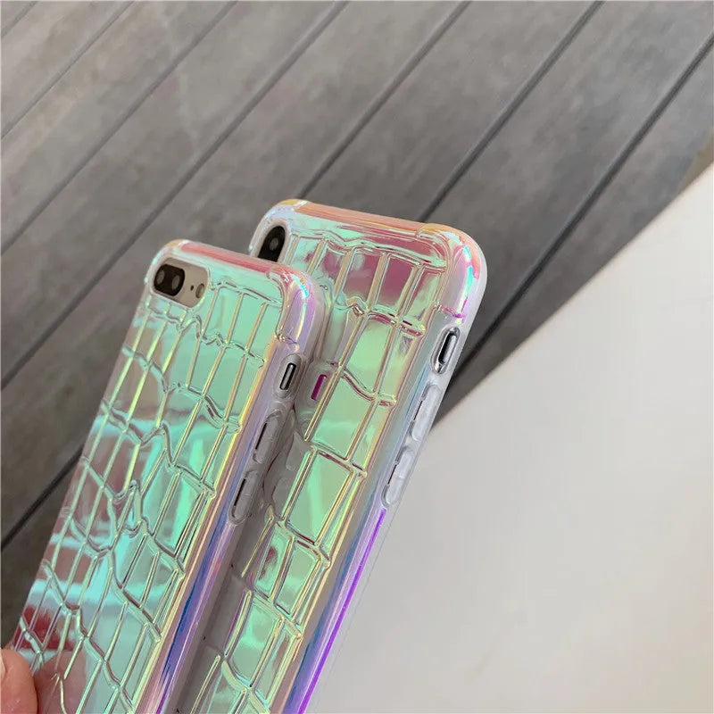 Silver glossy laser-effect silicone back cover case for iPhone with lanyard hole.