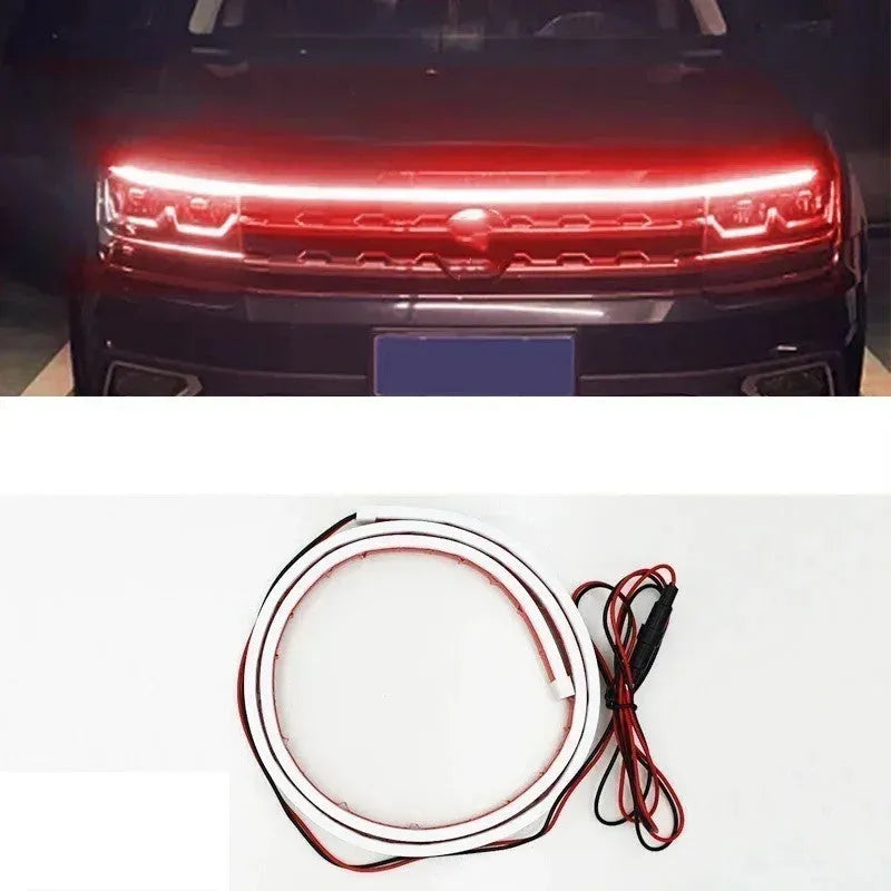 Flexible silicone LED daytime running light strip for cars, showing start scan effect and available in three lengths.