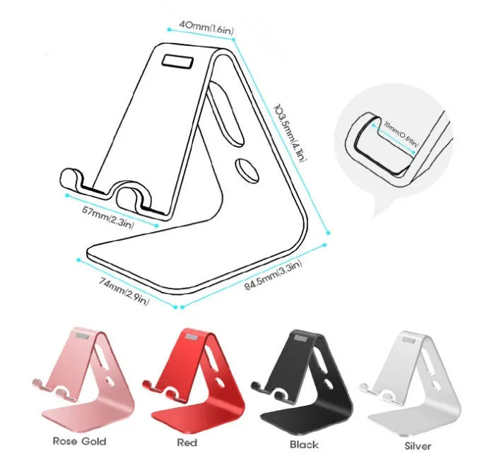 Aluminium alloy universal phone and tablet stand in black, red, rose gold, and silver colours