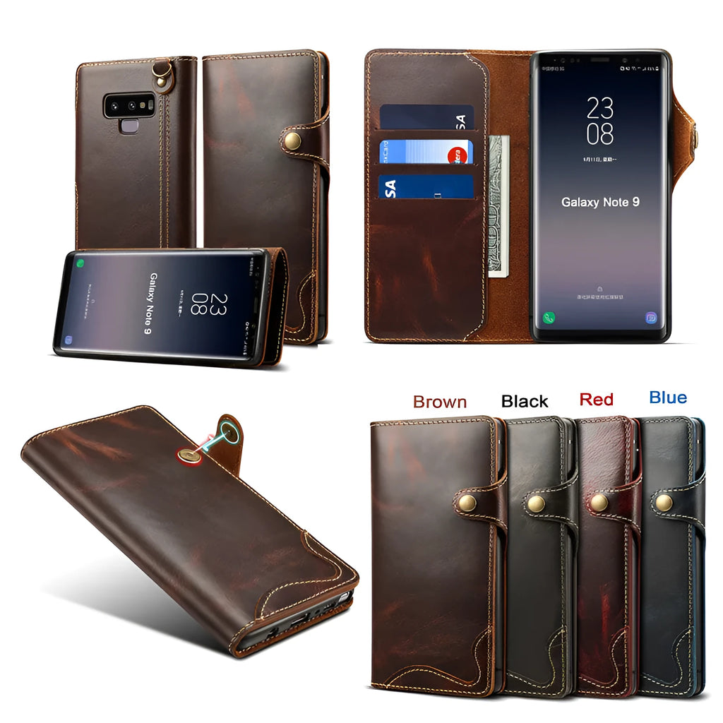 Handmade leather mobile phone case with wallet compartment open showing card slots