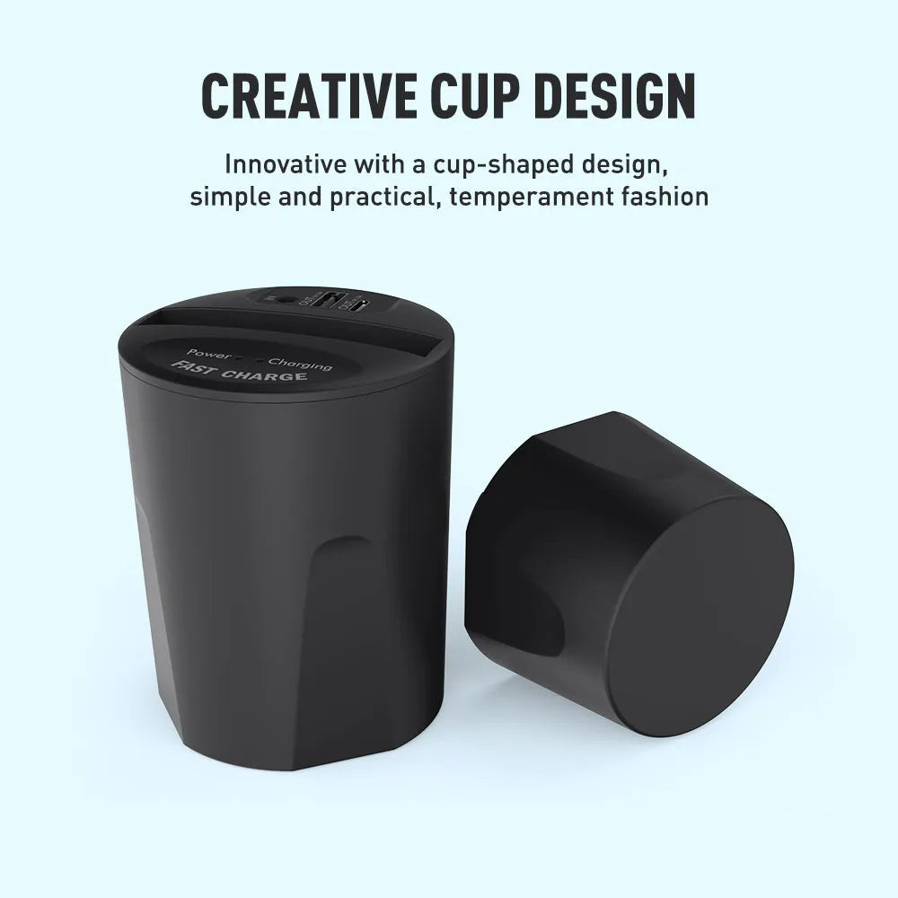 Black X9 car wireless charging cup and mount on a car dashboard with charging indicator light on.