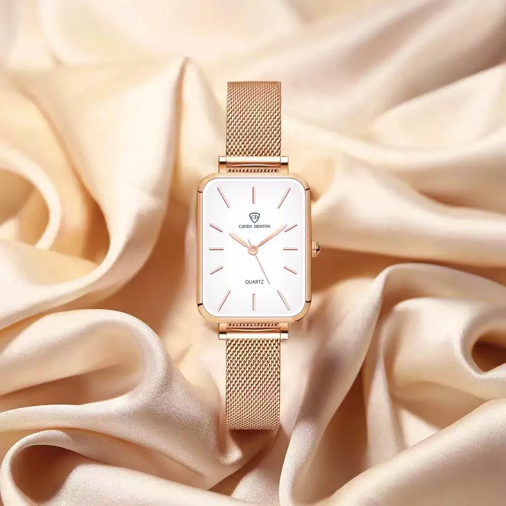 Women's waterproof quartz watch with rose gold finish, showing 34mm alloy case and woven steel strap