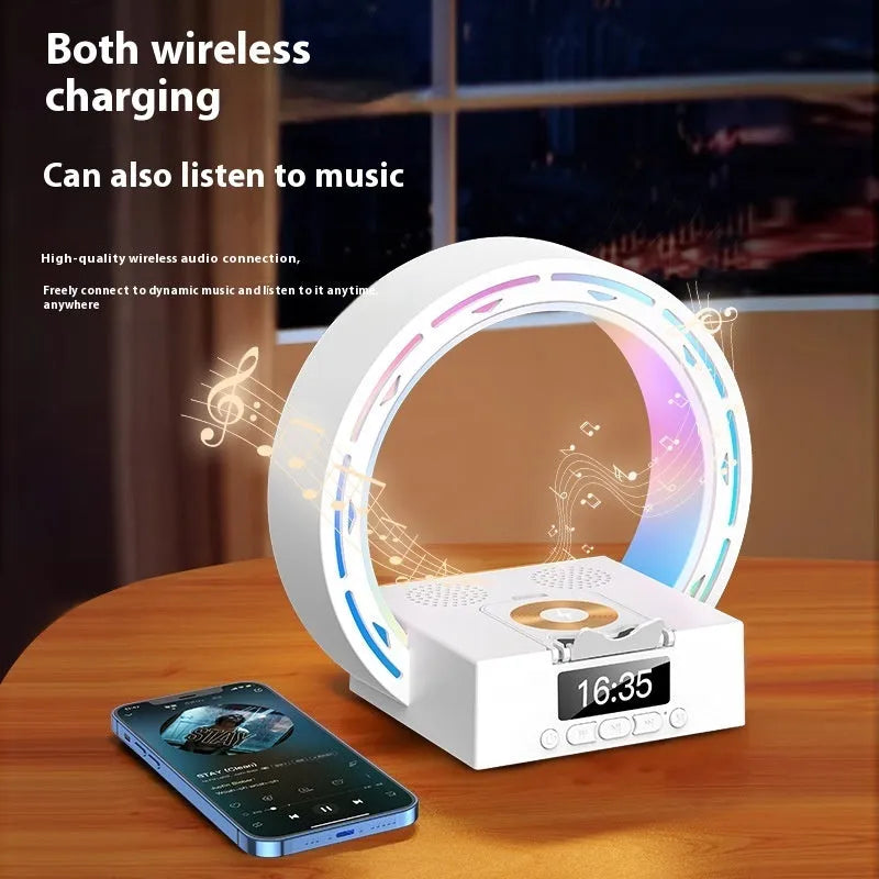 4-in-1 wireless Bluetooth speaker charging pad bedside lamp with digital alarm clock in black or white colour