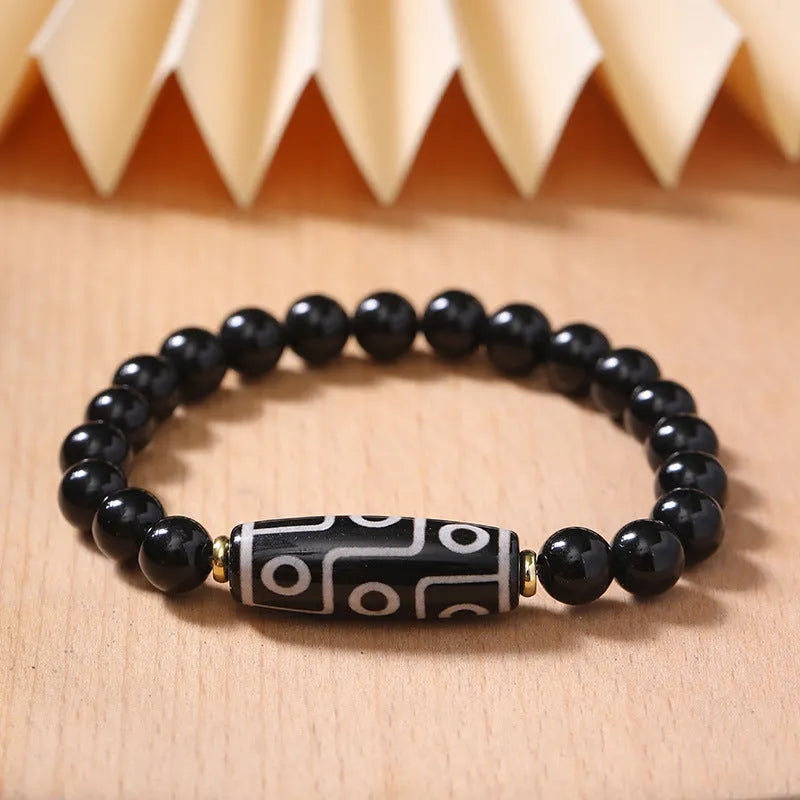 Obsidian agate Dzi bead bracelet with Tibetan ethnic patterns, unisex couple-style design