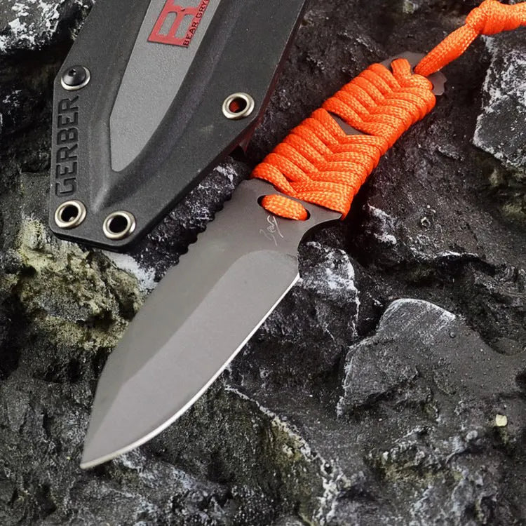Outdoor camping rope knife with straight blade and ABS sheath showing measurements