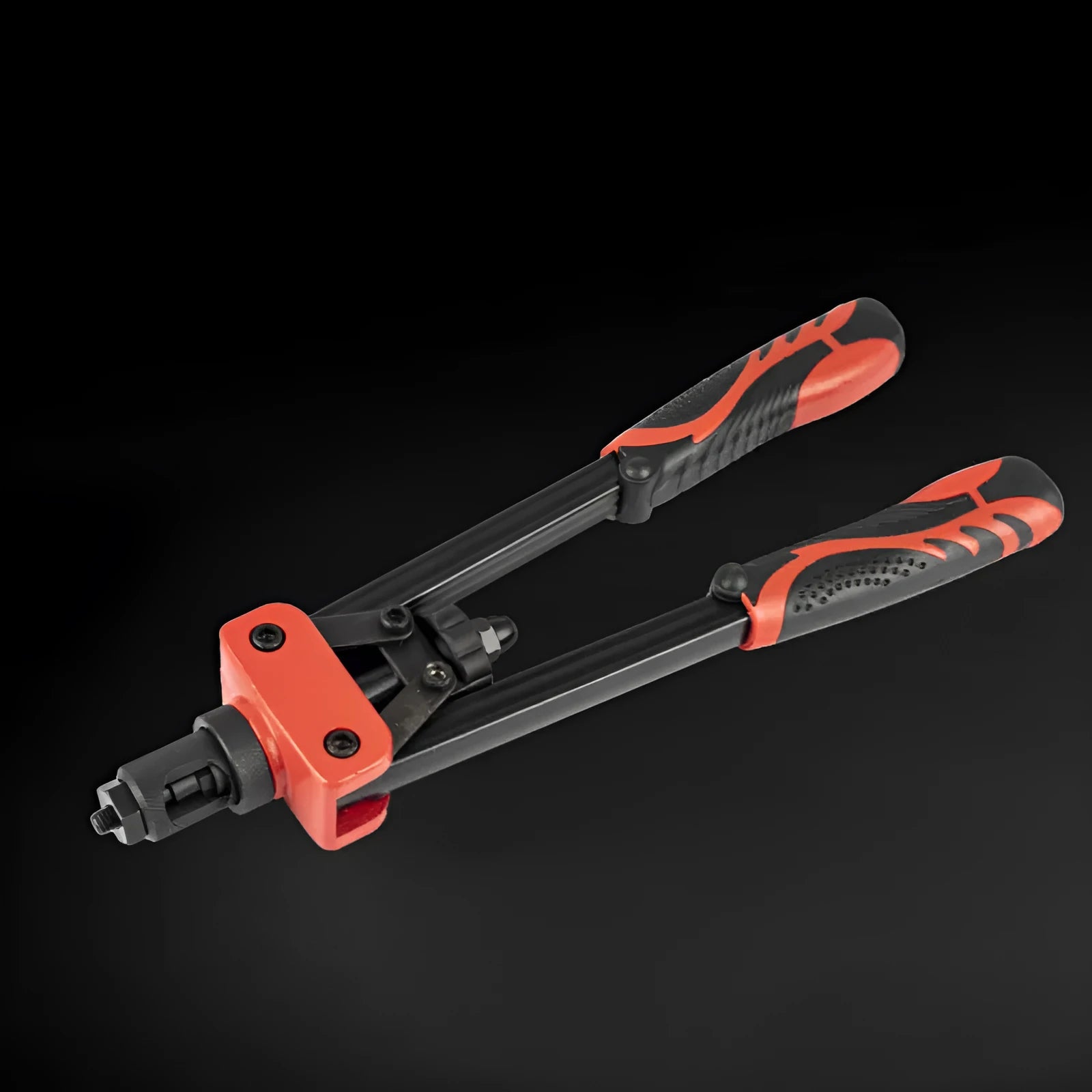 CQ14 model 14-inch manual rivet nut pull-setter tool with six interchangeable M3 to M10 tips on a workshop bench.