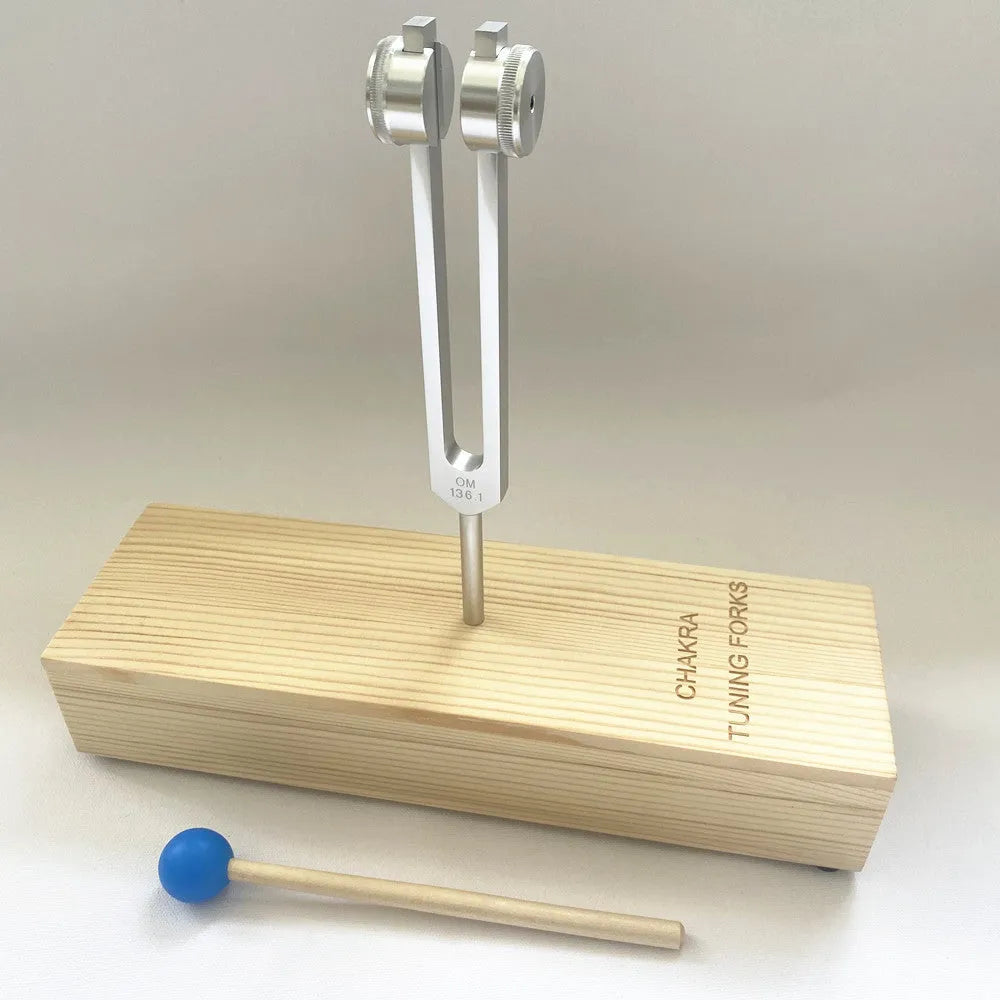 Aluminium alloy tuning fork with speaker for sound therapy, showing 432Hz and MI528 model options