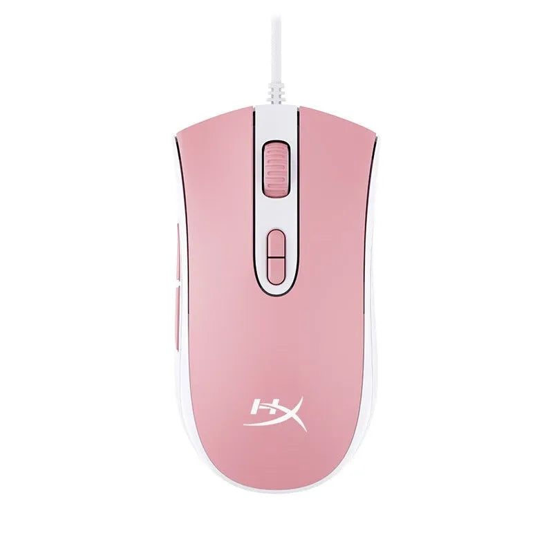 Black and pink versions of a wired RGB gaming mouse with USB cable on a desk.