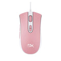 Black and pink versions of a wired RGB gaming mouse with USB cable on a desk.