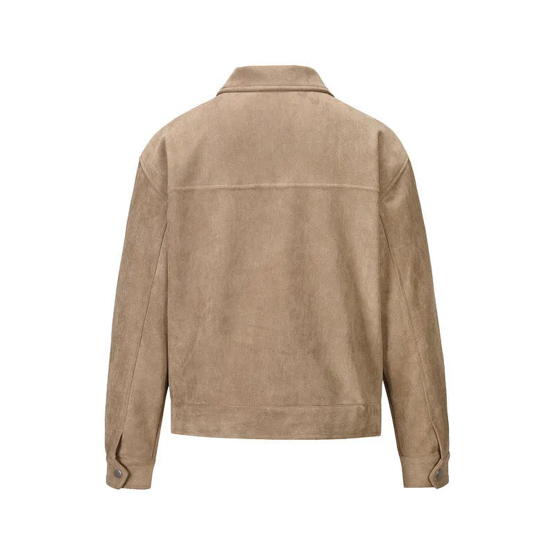 Man wearing a camel-coloured thickened zip-up jacket with large pockets and a slim fit.
