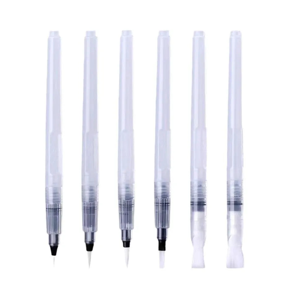 Watercolour pen set with pointed and flat soft wool tips in small, medium, and large sizes