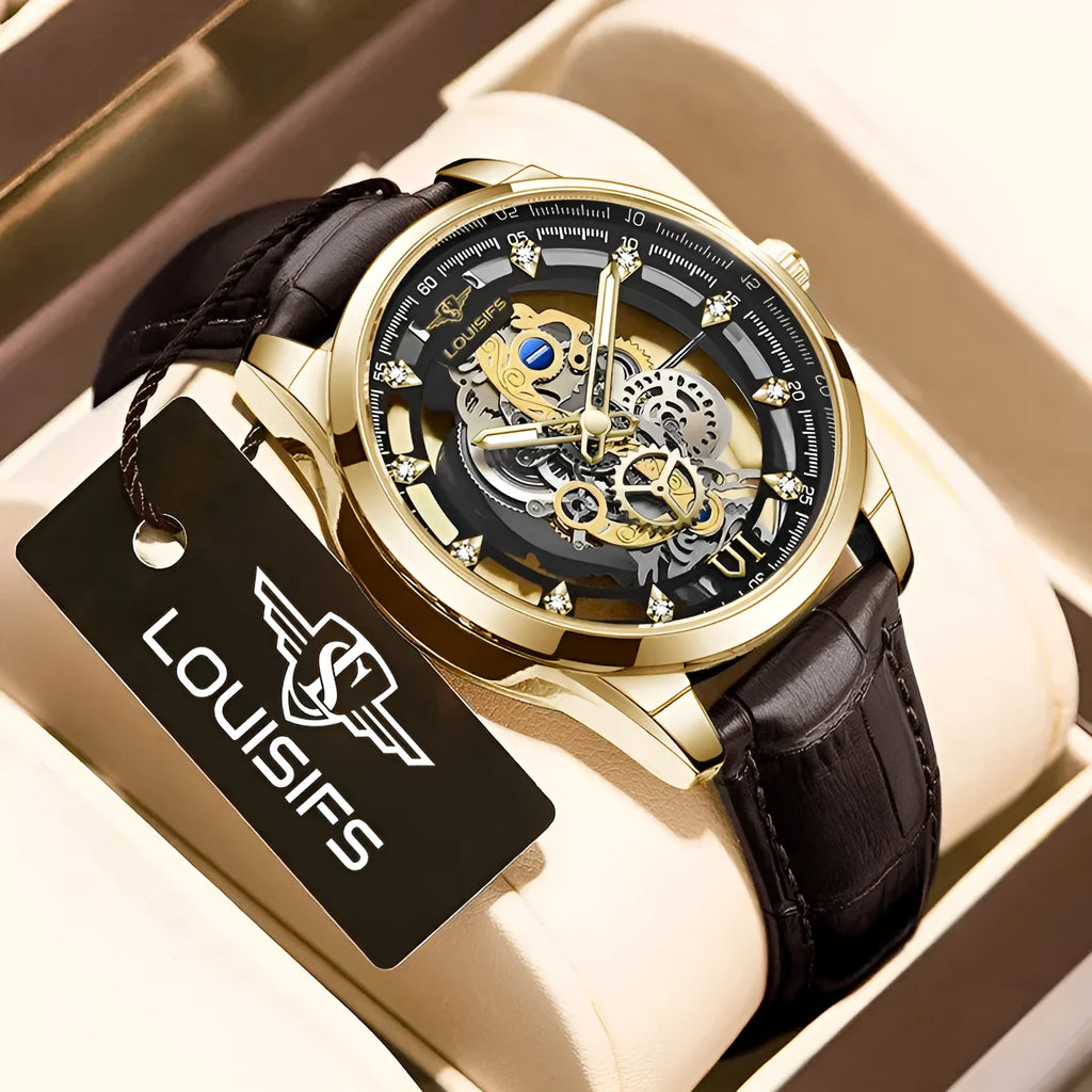 Men's Swiss quartz business watch with 12mm case and leather strap in three colour options