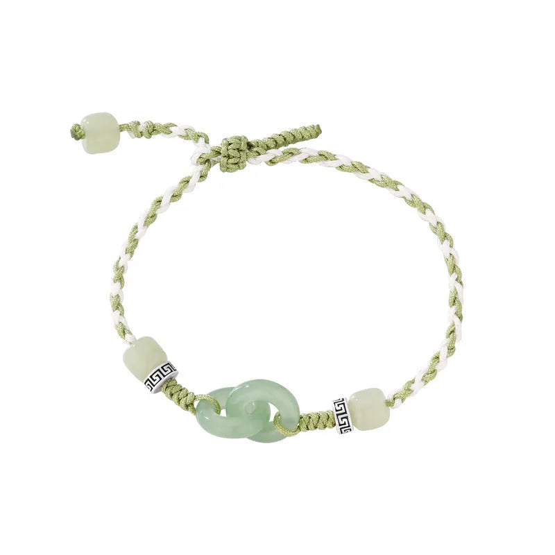 Green jade double ring strap bracelet with peace buckle and animal zodiac design in electroplated copper